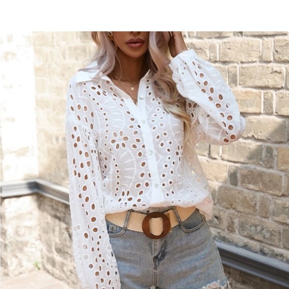 Size Boho Floral Sheer Eyelet Embroidered Lace Button Down Shirt Top Blouse - Picture 5 of 6